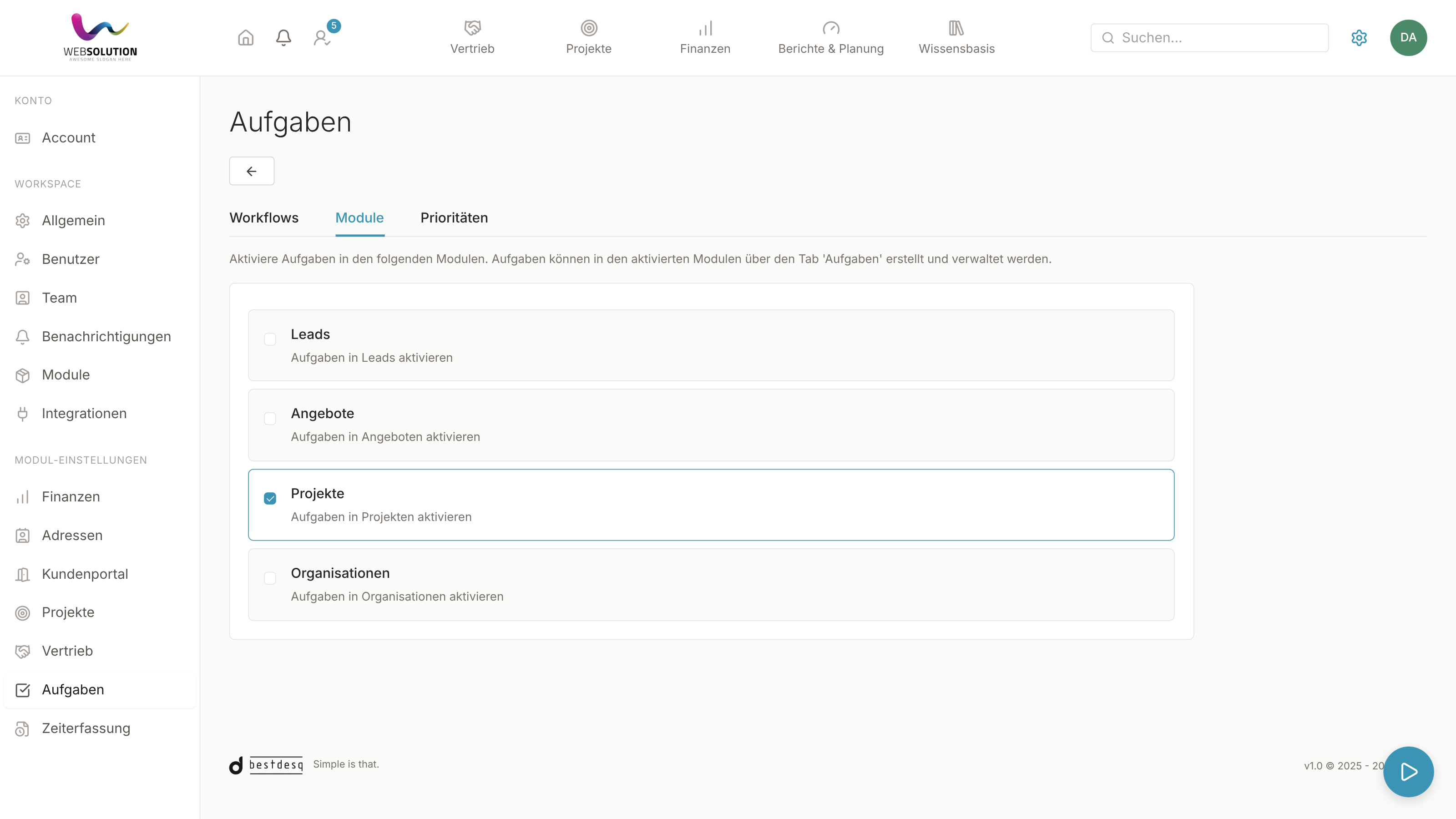 Aufgaben für Module aktivieren