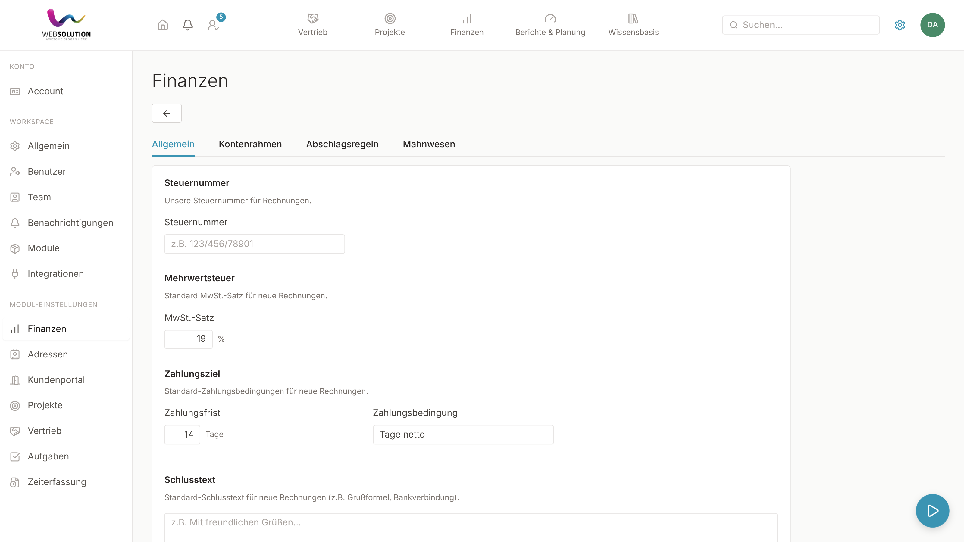 Finanzeinstellungen (Allgemein)