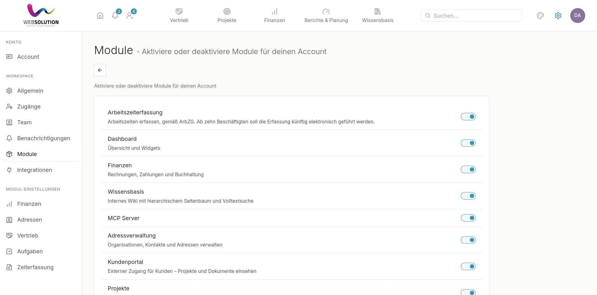 Einstellungen › Module mit der Liste der Module und je einem Schalter, oben die Arbeitszeiterfassung
